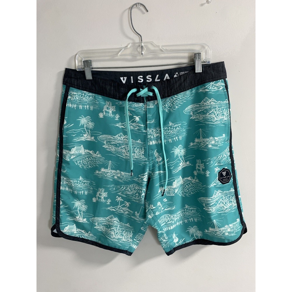 Vissla Board Shorts Upcycled Cocotex Men's 33 Blue Graphic Hawaiian Print EUC